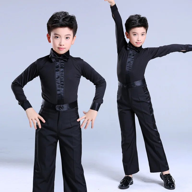 1세트/로트 라틴 댄스 의상 블랙 화이트 리본 탑과 바지 소년용 볼룸 차차 탱고 무대 공연 의상 어린이용