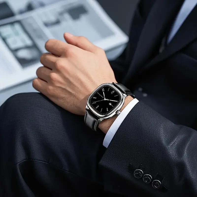 ساعة هانا مارتن للرجال 3Bar مقاومة للماء من الجلد الأسود المربع بحركة كوارتز ساعة عمل كاجوال دروبشيبينغ