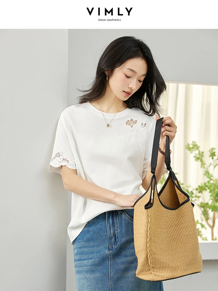 

VIMLY White Lace Short Sleeve Top Casual Women's 2025 Summer Cuffs Hollow Out T-shirt Embroidered Round Neck Ladies Top A1923