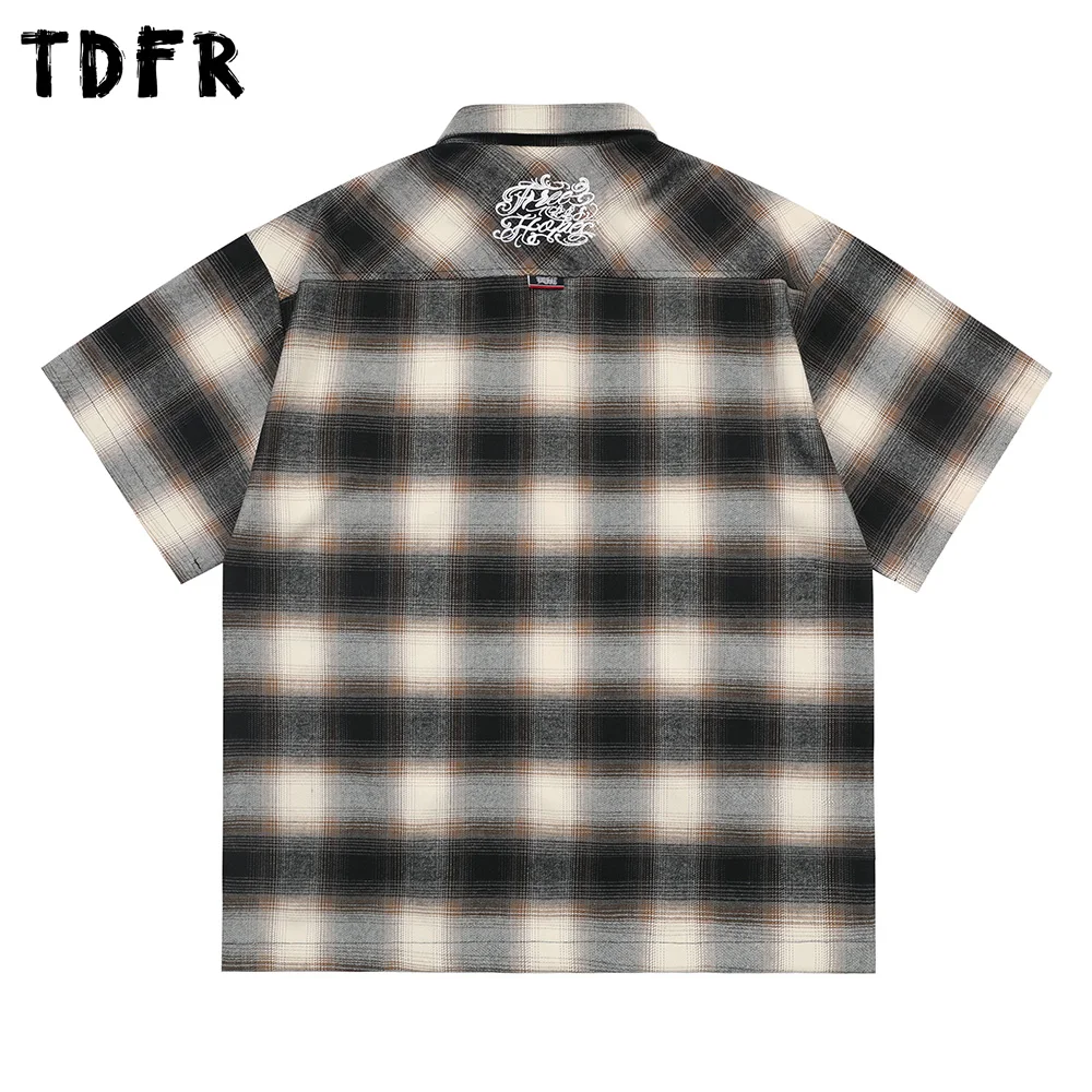 Chicano Style Plaid Short Sleeve Shirts Mens Summer Letter Embroidery Pocket Lapel Half-Sleeve Checked Shirt Men