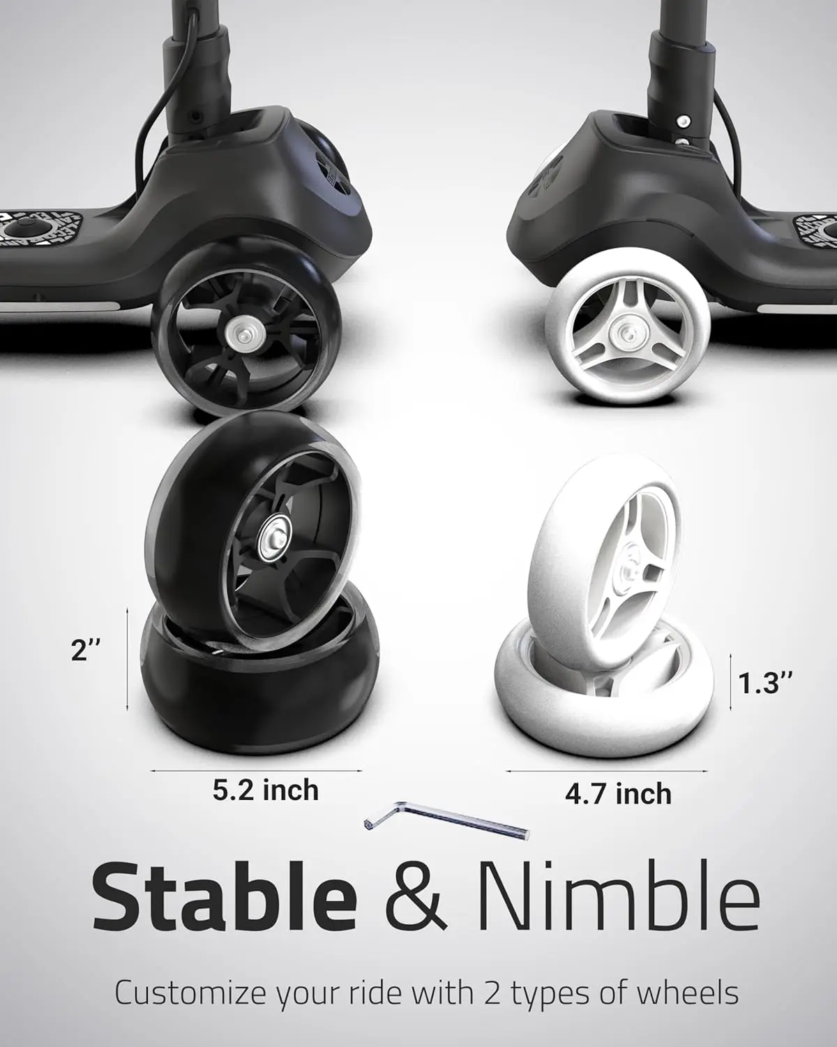 Elecorange T200/T500 Balance Scooter électrique pour enfants de 4 à 9 ans, 2 types de roues avant, klaxon électrique, éclairage complet du corps, large D