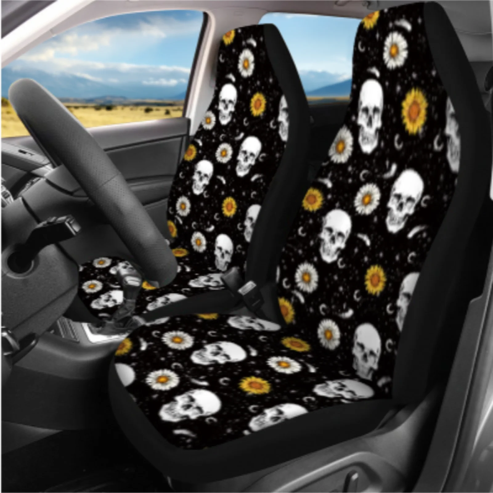 Coloranimal Skull Sunflowers 14 Pieces Car Seat Cover Full Set Long Lasting Elastic Auto Seat Cover Suitable for Sedans Car