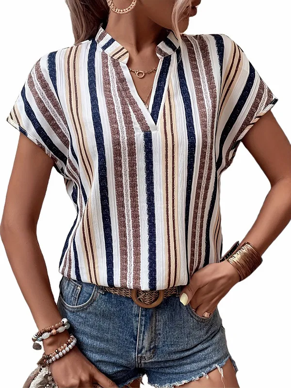 เสื้อยืดแขนยาวลาย V-ne Batwing Sve สำหรับผู้หญิงลำลองทรงหลวมหรือเสื้อยืดโพลีเอสเตอร์ผสมผ้าฝ้ายฤดูร้อนแฟชั่นยอดนิยม