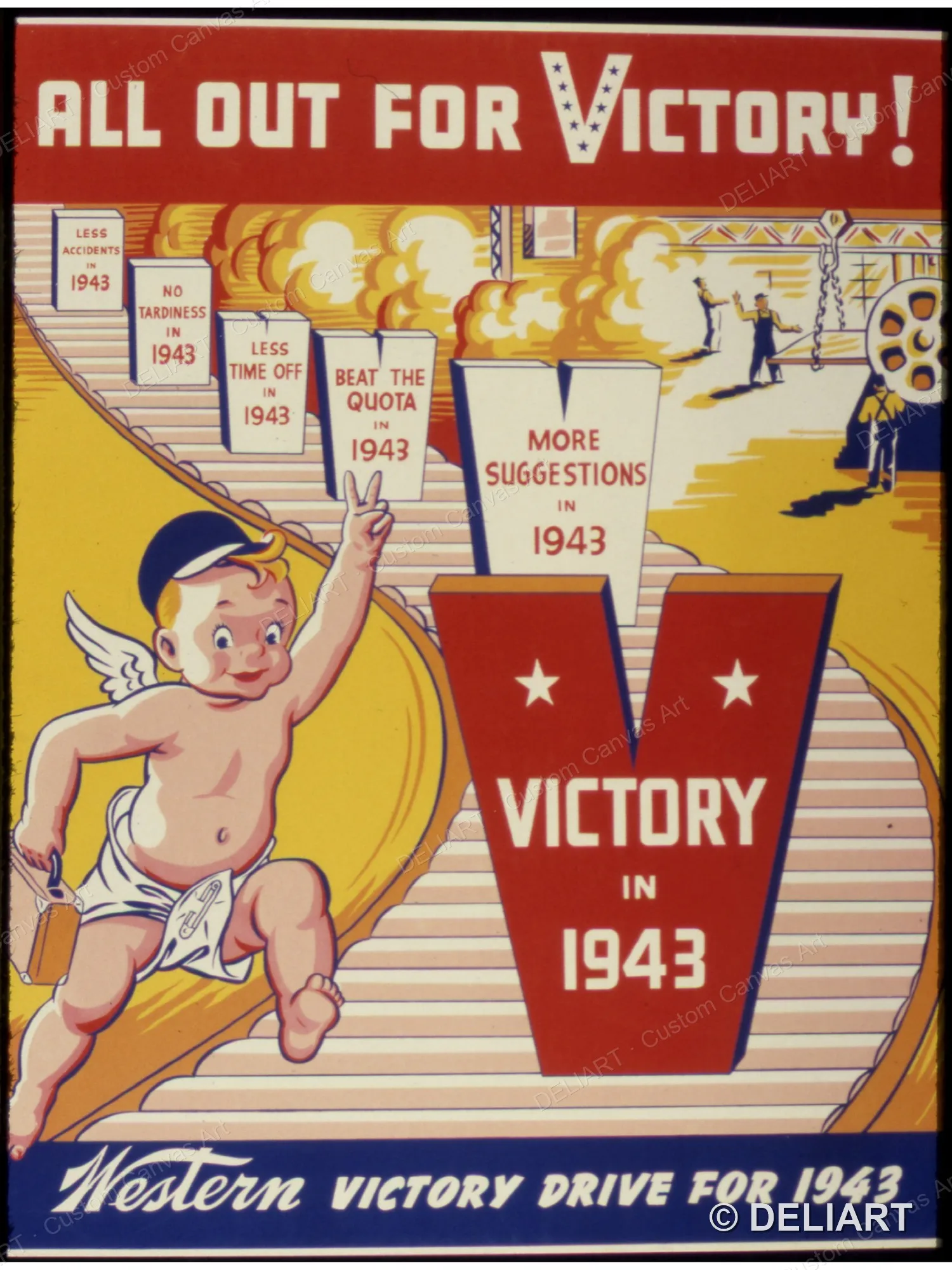 All Out For Victory Victory in 1943 Vintage WWII Propaganda Canvas Wall Art Poster Print Retro Home Decor Unframed