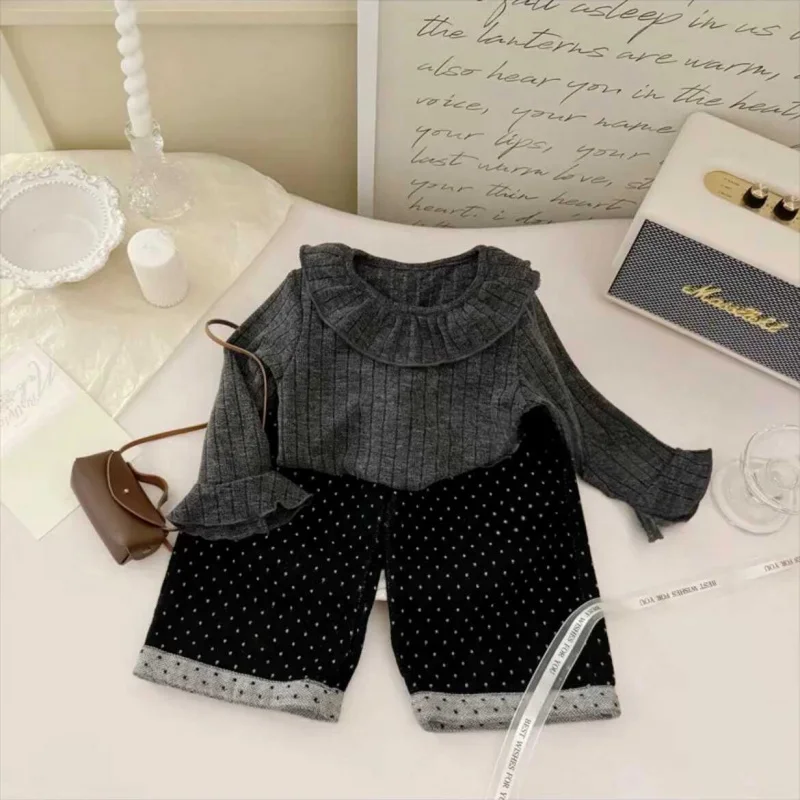 

LYY-Girls autumn clothing2024New Western Style Fashion Suit Peter Pan Collar Bottoming Shirt Polka Dot Spring and Autumn Two Pie