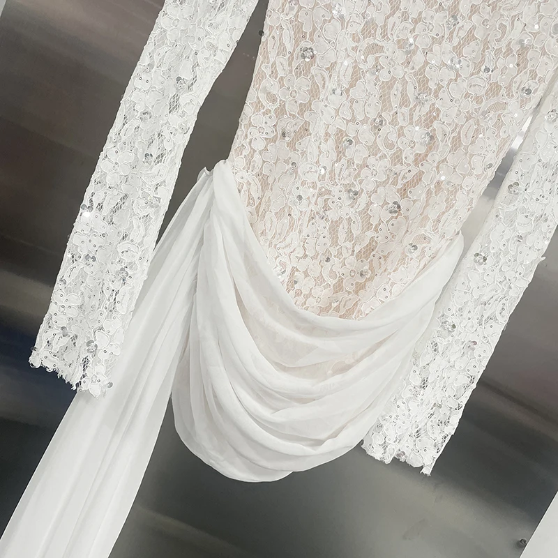 KBQ Spliced Folds Sexy Sheer Slimming Mini Dresses for Women Round Neck Long Sleeves Patchwork Sequins Dress Female Fashion New