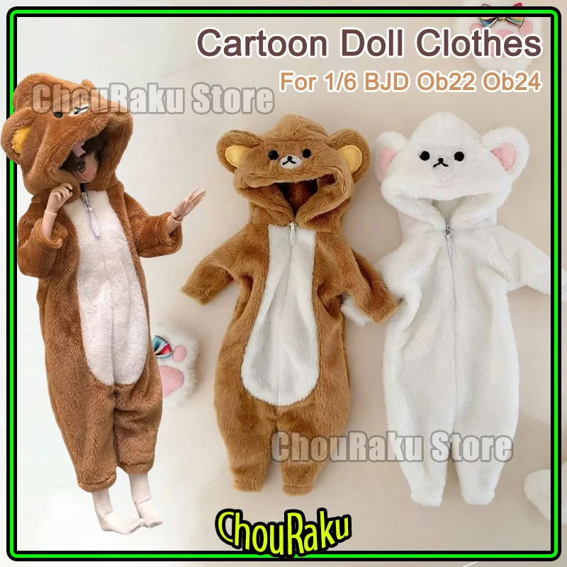 Vintage Brown Bear Plush Doll Clothes For Sixth Scale Ob24 Bjd Hooded Zipper One Piece Jumpsuit Pajamas For Doll Collectors