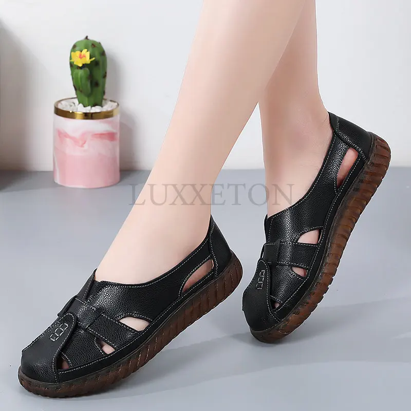 Women Genuine Leather Sandals Summer Ladies Shoes Comfortable Ankle Hollow Round Toe Sandals Woman Soft Beach Sole Female Shoes