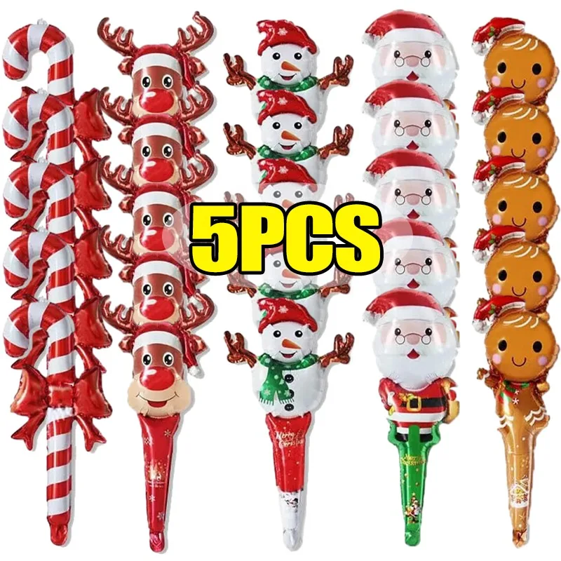 5/1PCS Christmas Handheld Inflatable Stick Cane Candy Elk Head Gingerbread Man Snowman Holding Balloon Party Decoration Balloon