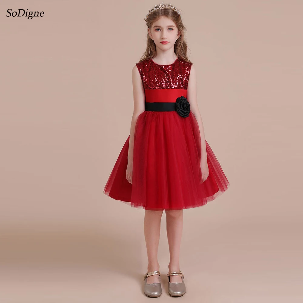 SoDigne A-line Tulle Glitter Flower Girl Dress O-neck Sleeveless Skirt Girls Party Dresses Customized Kid Gown with Bow