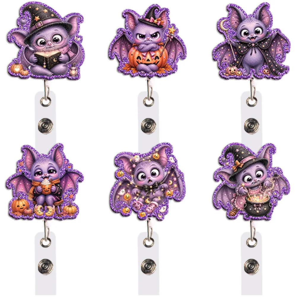 Colorful Purple Bat Badge Reel Retractable ID Holder Pumpkin Witch Hat Skull Unique Gift for Fantasy Lovers