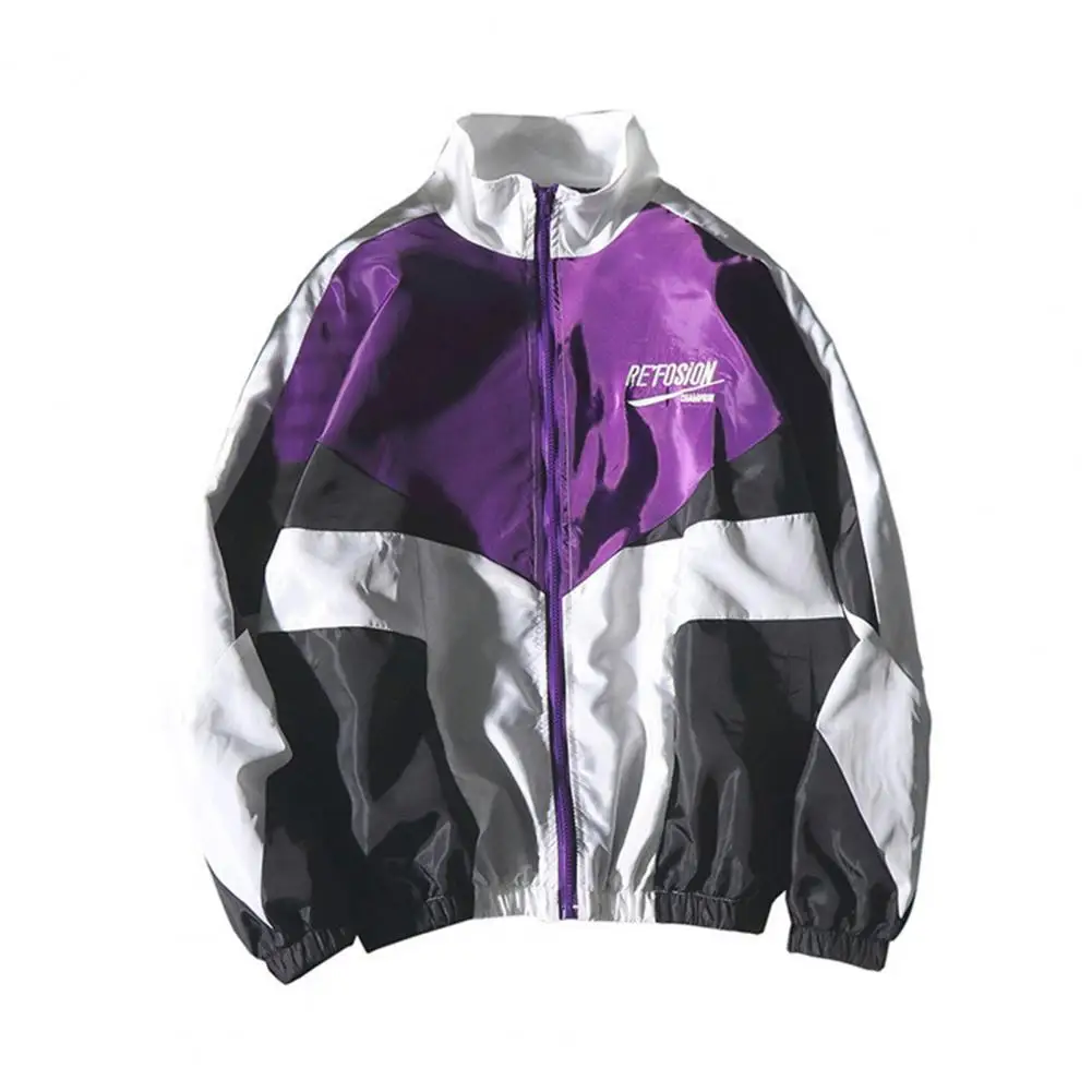 

Men Jacket Color Block Men Windbreaker Turndown Collar Elastic Cuff Jacket