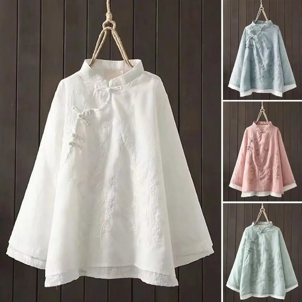 

Women Spring Top Chinese Style Embroidered Flower Pattern Vintage Shirt Solid Color Knot Button Loose Shirt Women's Clothing