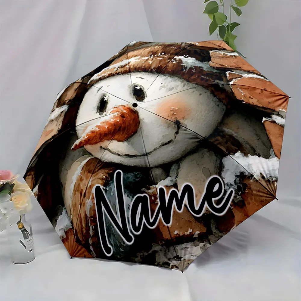 Custom Name Snowman Design Umbrella for Winter Vibes Print 8 Iron Ribs Folding Umbrella Auto-Open Fashion Sunshade