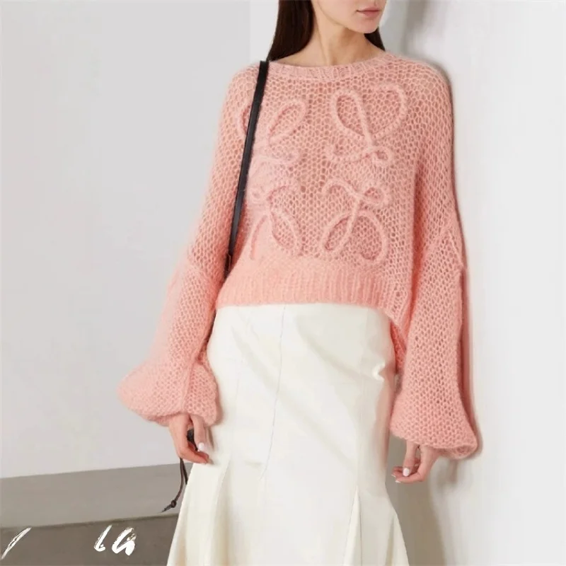 

Autumn Winter Hand Knitted Thi Needle Hollow out Mohair Sweater Women's Casual Sle round Ne Long Sve Warm Knitwear