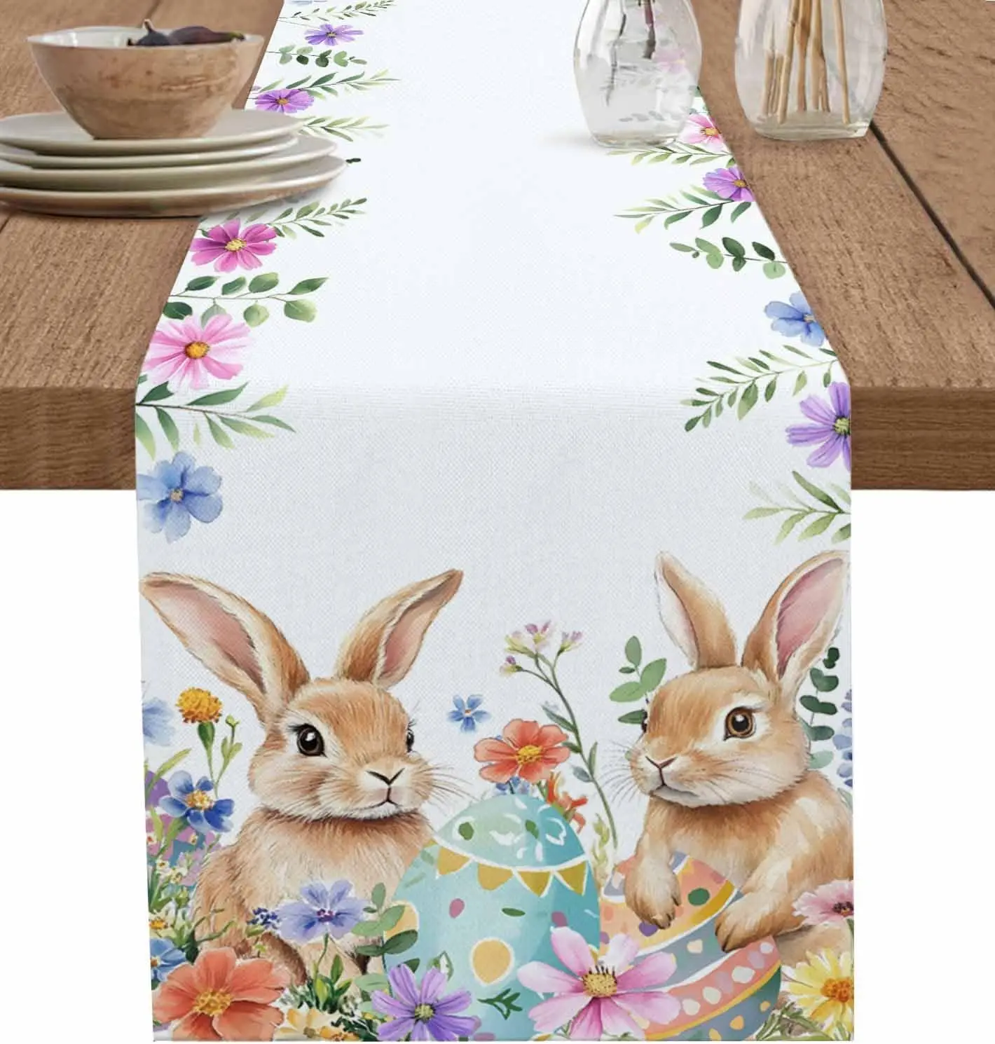 

Пасхальные яйца, льняная дорожка для стола с кроликом, декор для праздничной вечеринки, весенние красочные цветочные дорожки для кухонного обеденного стола, пасхальные украшения