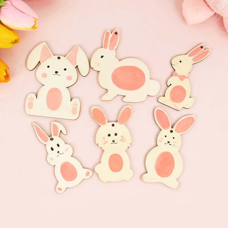 

6pcs Wood Easter Bunny Ornament Wooden Rabbit Hanging Pendant Kids Toy Gifts Happy Easter Birthday Party Home Desktop Decoration