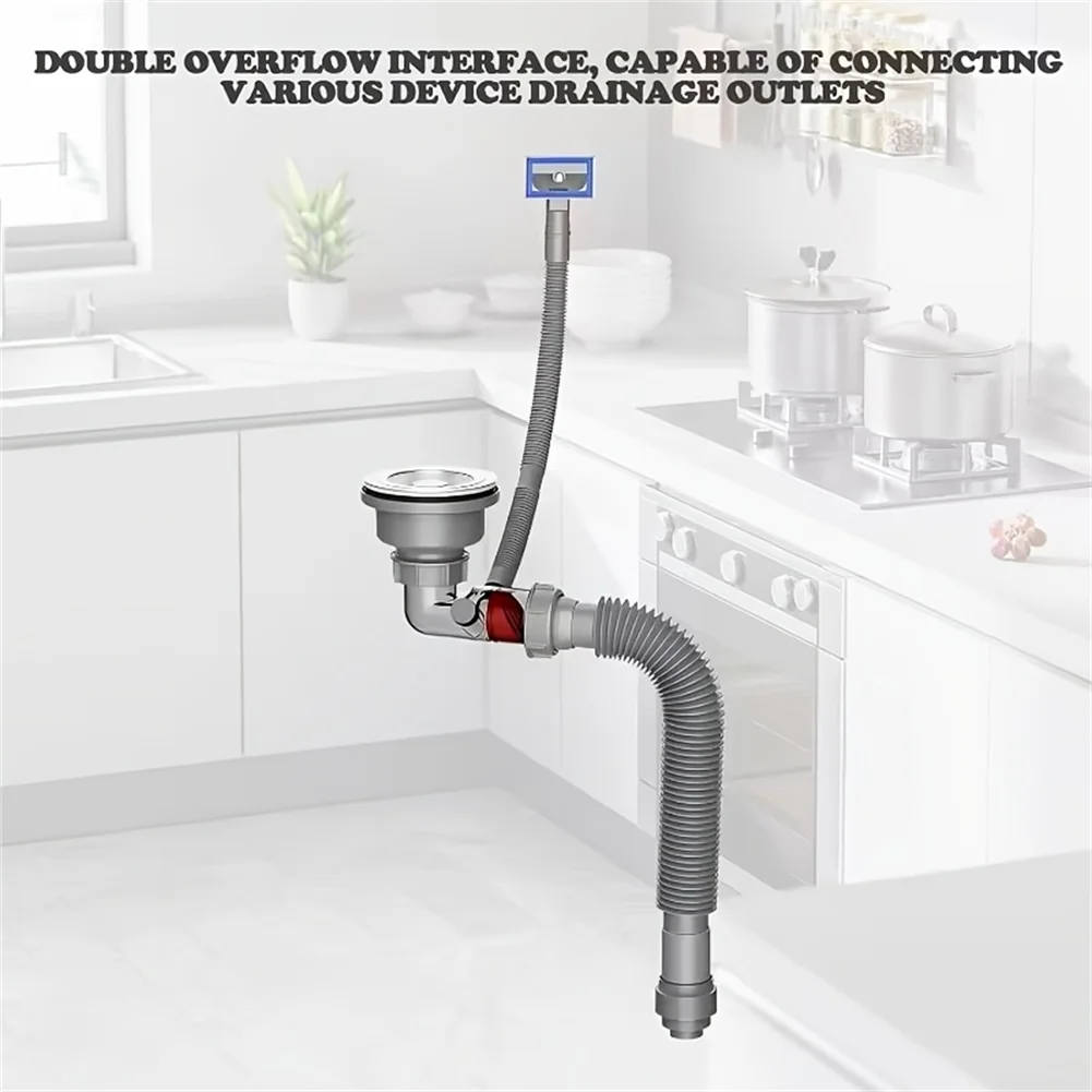 Stainless Steel Drain Strainer Designed for Dual Overflow Compatibility and Efficient Cabinet Space Utilization