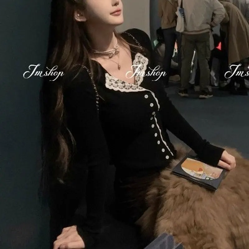 Vintage Spitze Gespleißt Strickjacke Herbst Winter Halb Offenen Kragen Hotsweet frauen Kleidung Einfarbig Langarm Pullover