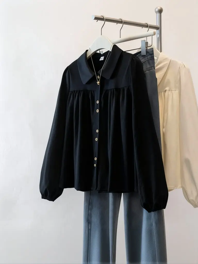 Luxury Puff Long Sleeve Babydoll Blouse Women Cotton Middle Age Loose Casual Button Up Shirt XXL Elegant Top Polo Neck Basic New
