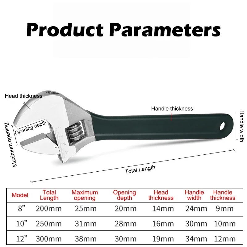 Automotive machinery workshop tools, bathroom wrench tools, 8 10 12 inch adjustable wrench, large opening torque wrench
