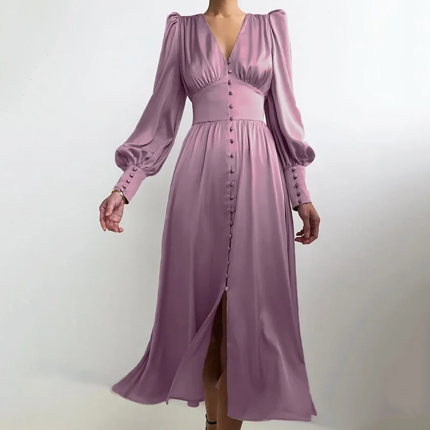 2025 Fashion V Neck Elegant Court Vintage Front Button Midi Dress Satin Party Lantern Long Sleeve Chice Female Solid Vertidos