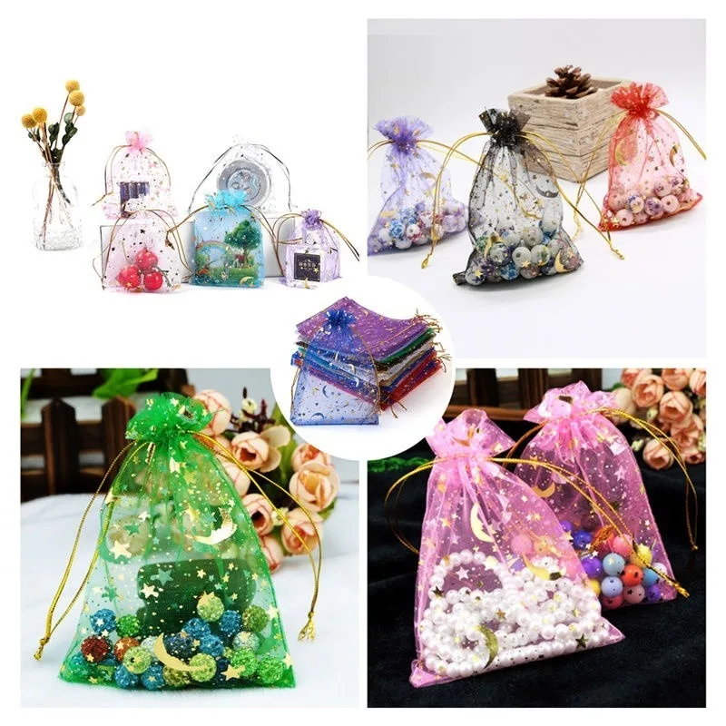 50-100 قطعة القمر نجوم الرباط أكياس الأورجانزا مجوهرات حقائب للهدايا الحقائب الذهب ستار الأورجانزا لصالح الحقائب لعيد الميلاد الزفاف