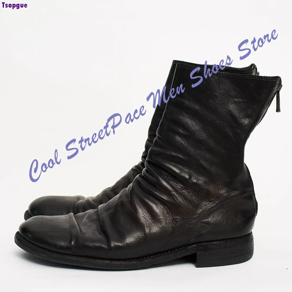 Men Vintage Gradient Distressed Mid Calf Boots Wrinkle Soft Shaft Low Square Block Heel 2026 Industrial Dark Street Men Shoes