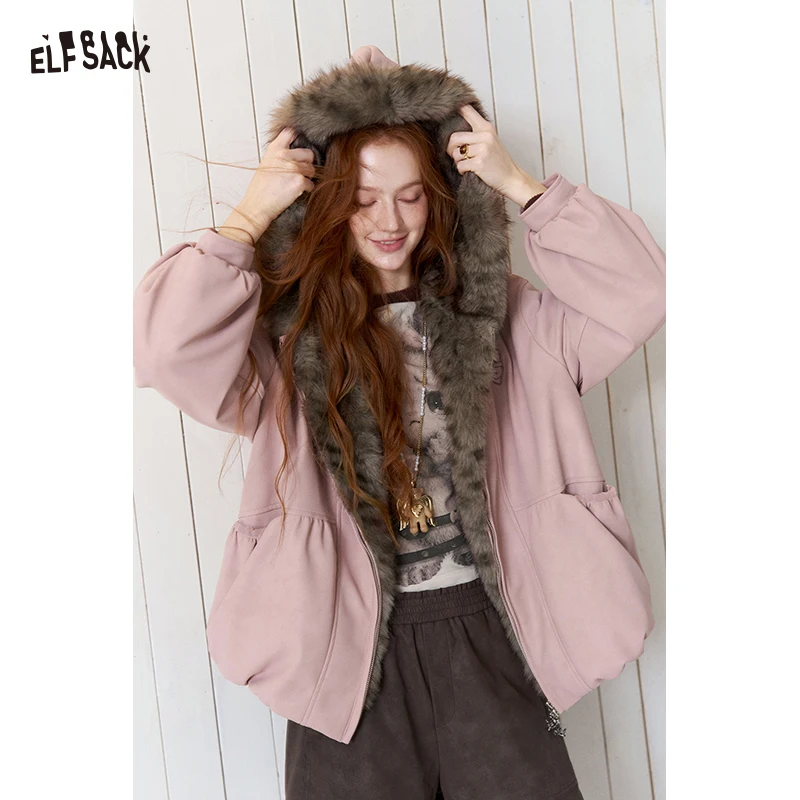 ELFSACK Women's Hooded Winter Jacket with Faux Fur Trim, Loose Ruched Coat with Pockets, Casual Warm Outerwear for Daily Wear