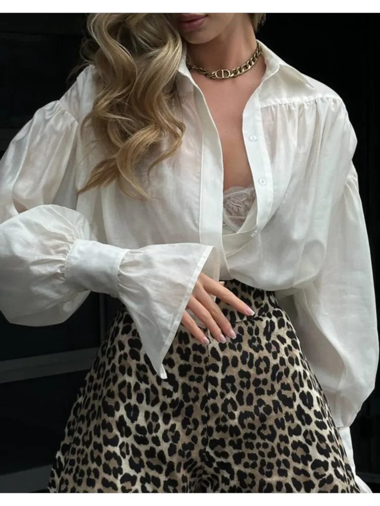 

Women's Shirt 2025 Fashion Loose Lapel Solid Color Long Sleeve See-through Shirt New Elegant Single Breasted Patchwork Shirt Top