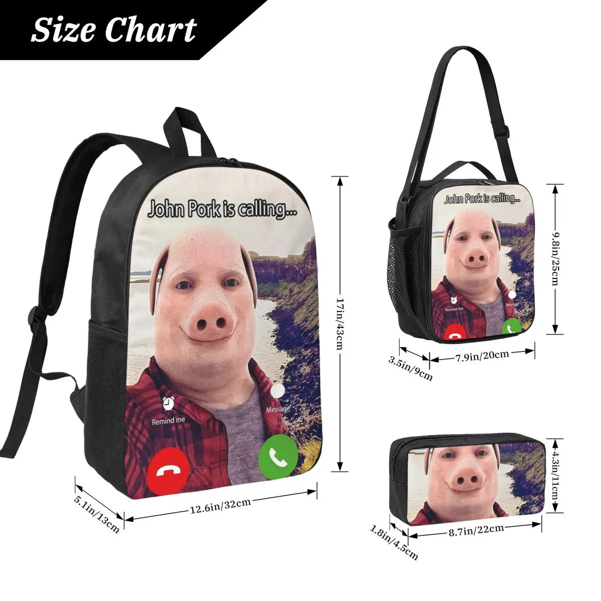 John Pork Is Calling Answer Call Phone Backpack BookBag School Bag Laptop Shoulder Bags 3ps Insulated Lunch Bag Pencil Case