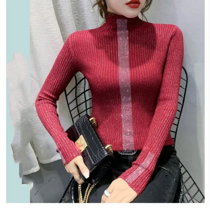 Temperament Autumn/Winter Sweaters New Women\'s Solid Turtleneck Diamonds Fashion Casual Long Sleeve Bottoming Shirt Knitted Tops