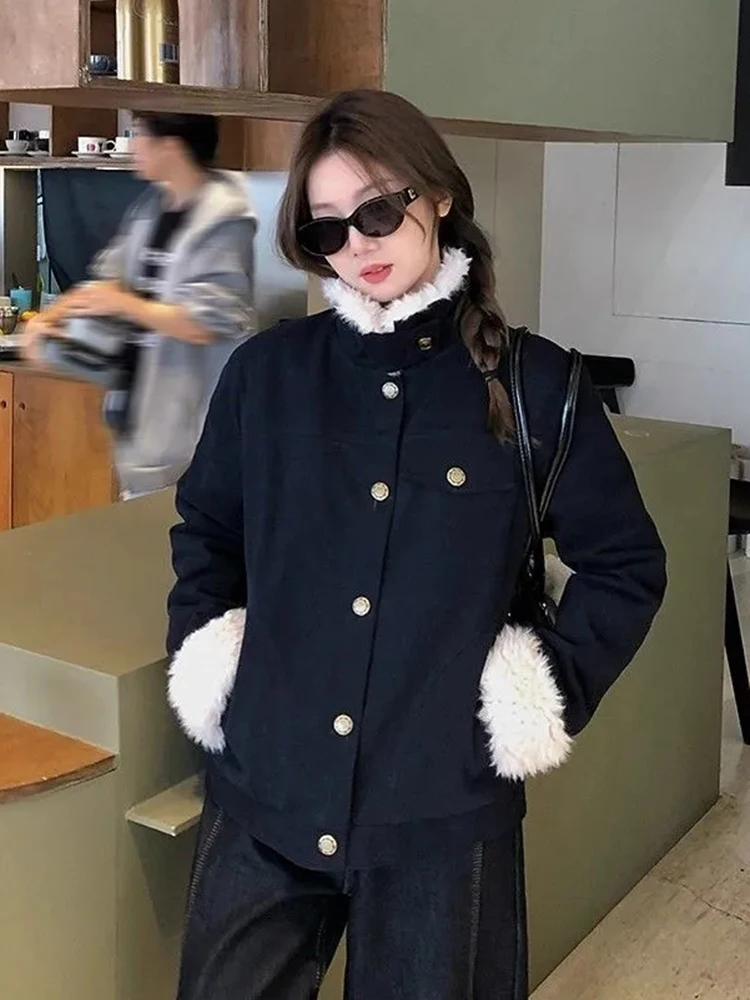 

Зимняя стеганая тонкая куртка женская темно-синяя винтажная джинсовая куртка с меховым воротником в стиле пэчворк уличная одежда на пуговицах повседневная новая верхняя одежда в консервативном стиле