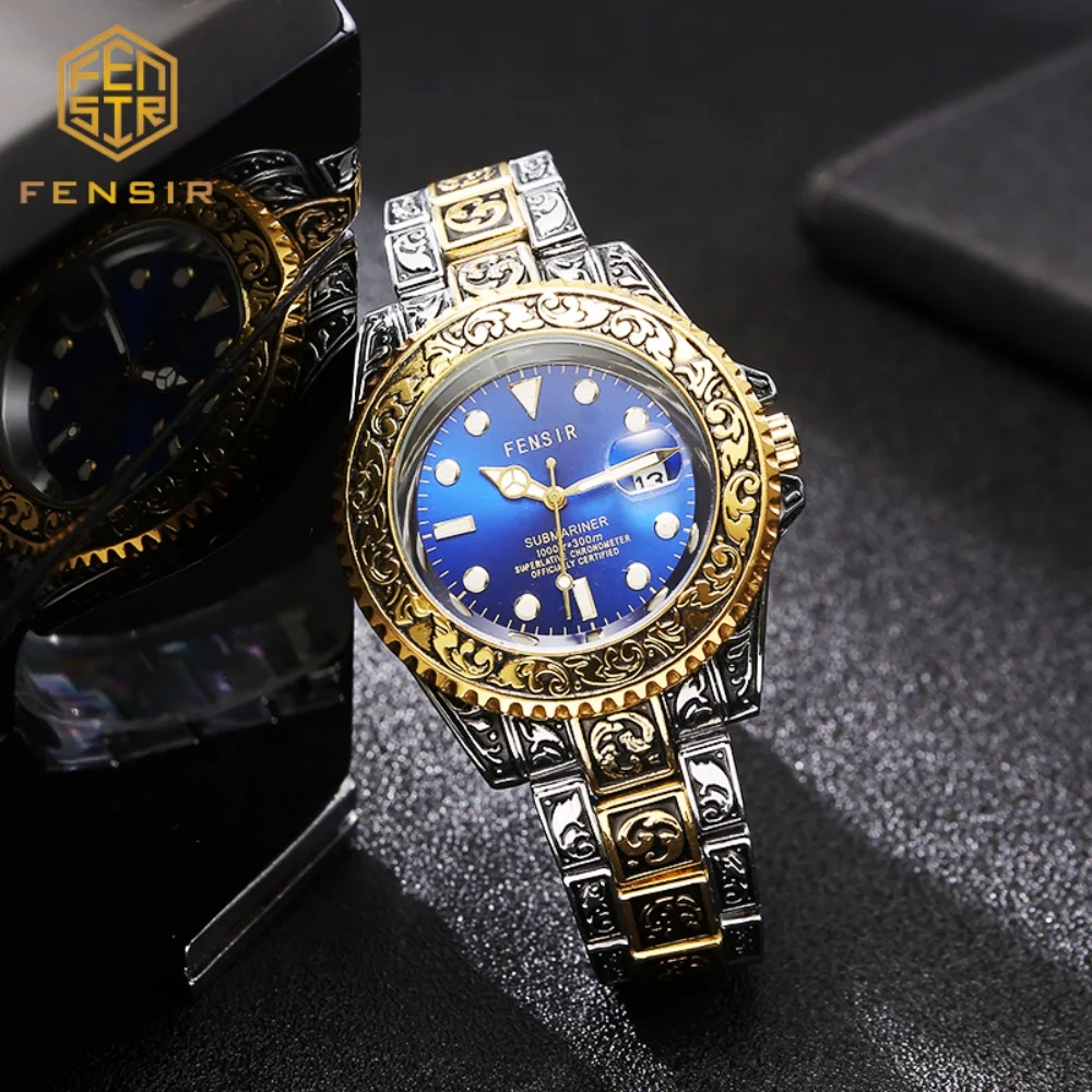 Fensir Men's Carved Quartz Watch, Round Calendar Wristwatch, Butterfly Clasp Waterproof Men's Watch, Quartz Movement, Vintage Embossed Design, Suitable for Business, Commuting, and Casual Wear, a Great Gift for Boyfriend or Elders on Holidays