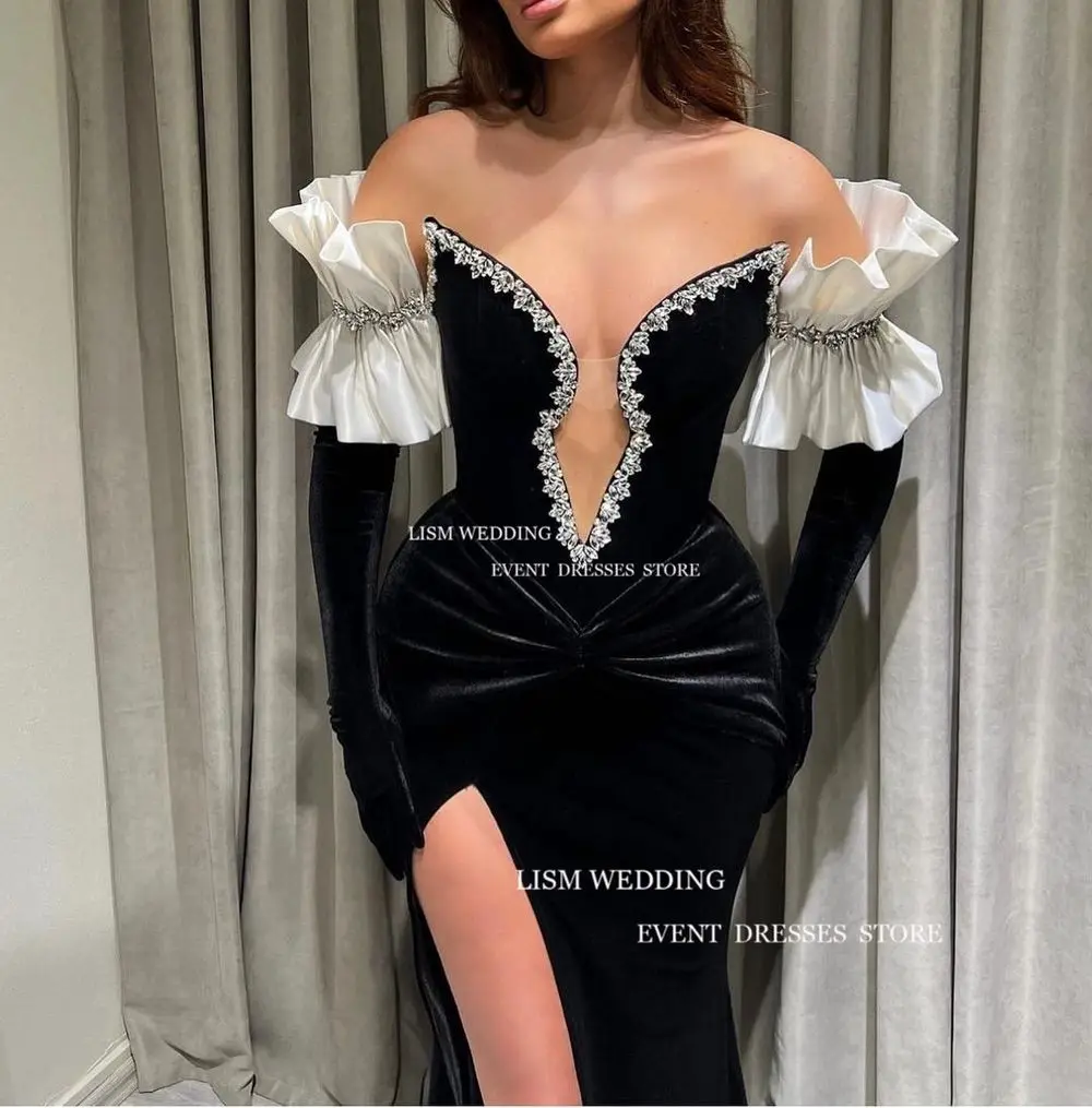 Lism sexy tiefen V-Ausschnitt Velours Meerjungfrau Abend Party Kleid glänzende Perlen High Split Ballkleid Langarm formelle Anlass Kleider