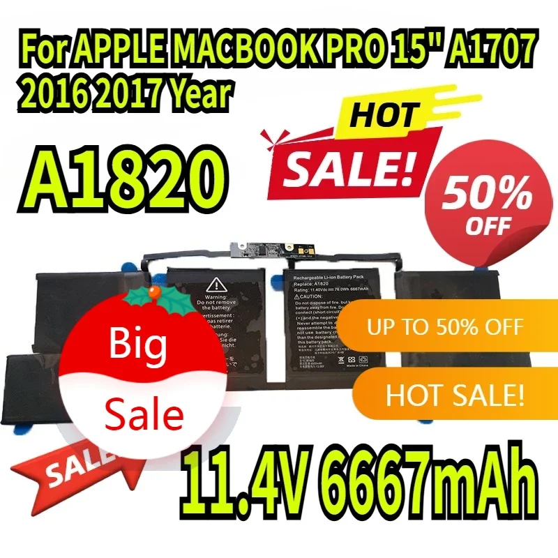 

76WH A1820 Laptop Battery For APPLE MACBOOK PRO 15" A1707 2016 2017 Year 11.4V 6667mAh