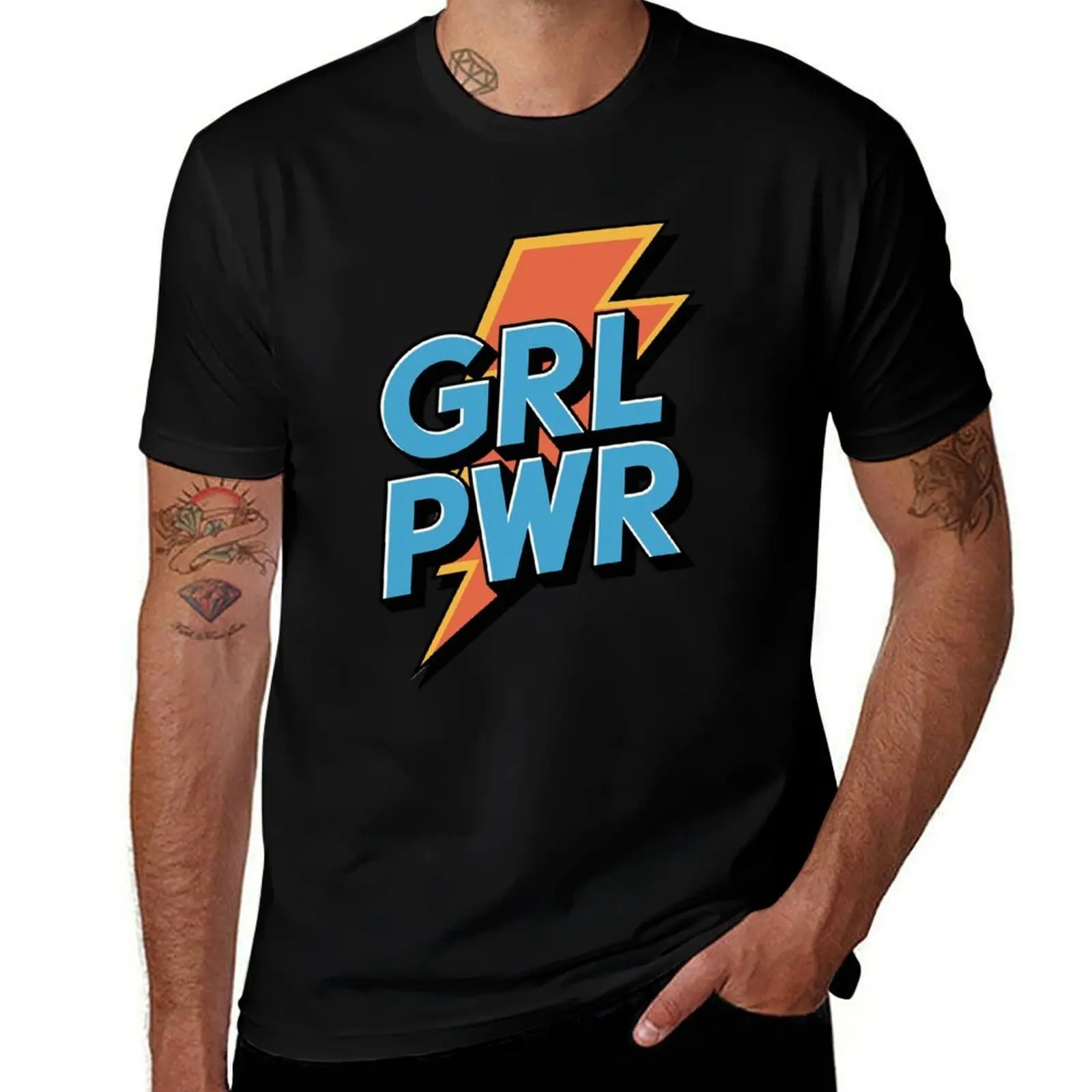 

GRL PWR – Bold Electric Blue Girl Power Design с футболкой Lightning Bolt, новые подарки и футболки, винтажная мужская футболка