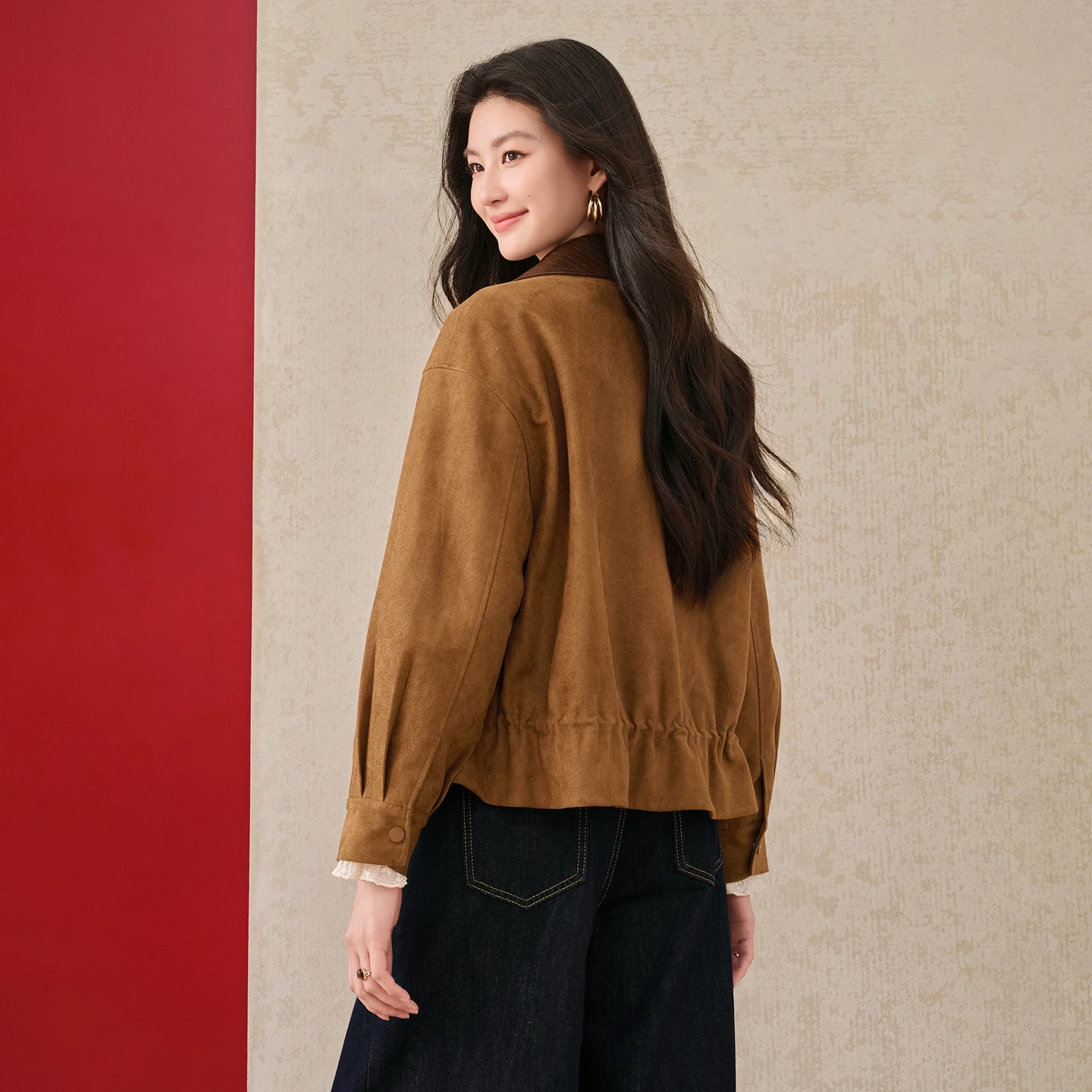 SENTUBILA Women Warm Jacket Vintage Nomadic Contrast Woven Faux Leather Collar Drop Shoulder Loose Commuter Outerwear 164WB8035