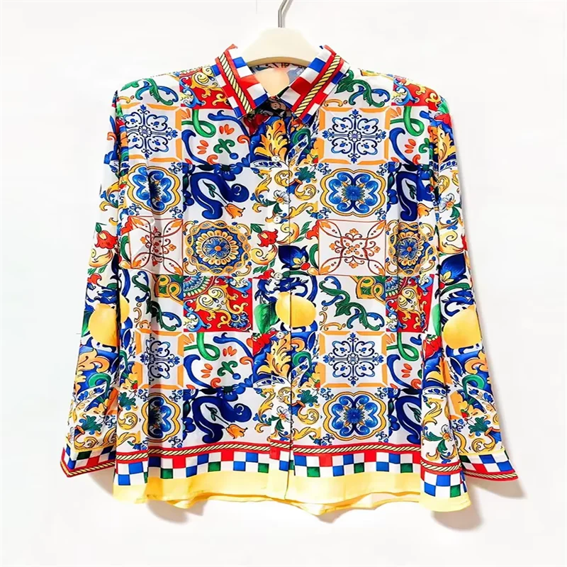 Men Luxury Baroque Floral Print Satin Shirt Dark Blue Golden Ornate Pattern Long Sleeve Button‑Up Dress Shirt Party Business Top