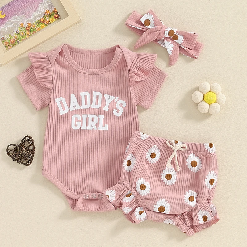 

Newborn Baby Girls Clothes Sets Short Sleeve Letters Print Rompers Flower Print Shorts with Hairband Summer Casual Outfits