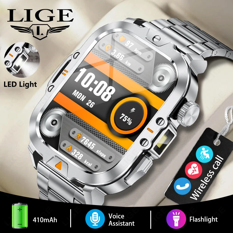 

LIGE 2.01-inch Smartwatch Men Flashlight Bluetooth Call Health Monitor Outdoor Bracelet Waterproof Smart Watches For Android IOS