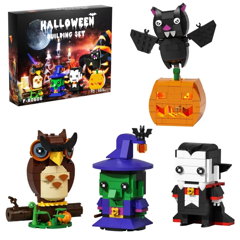 MOC Halloween Mystic Witch Brickheadz Building Block Halloween Hat Owl Pumpkin Bat witch Vampire Terror Bricks Toys For Gift