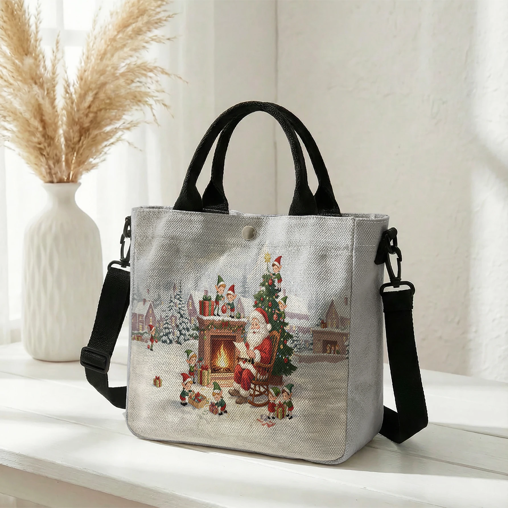 Santa And Christmas Elves Fireplace Scene Print Tote Bag, Detachable Strap Crossbody Handbag For Daily Work Shopping