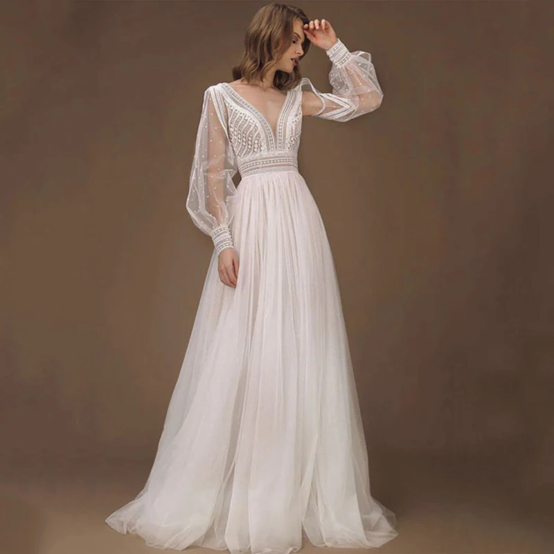 

V-Neck See Through Beads Long Sleeve Lace Pleats Backless A-Line Wedding Dress Bridal Gowns Vestido De Noiva Customized