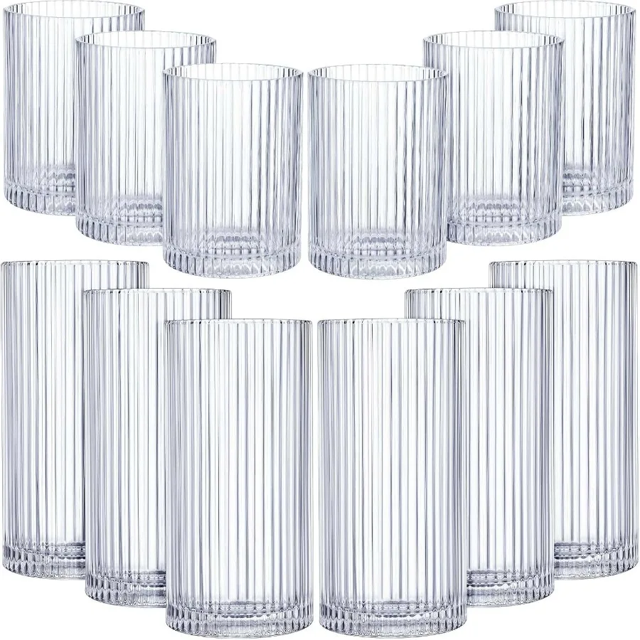 

Zhehao 12 Pcs Ribbed Drinking Glasses Set 9 oz 12 oz Glass Cups Vintage Glassware Ribbed Cocktail Cup Clear Ice Coffee Highball