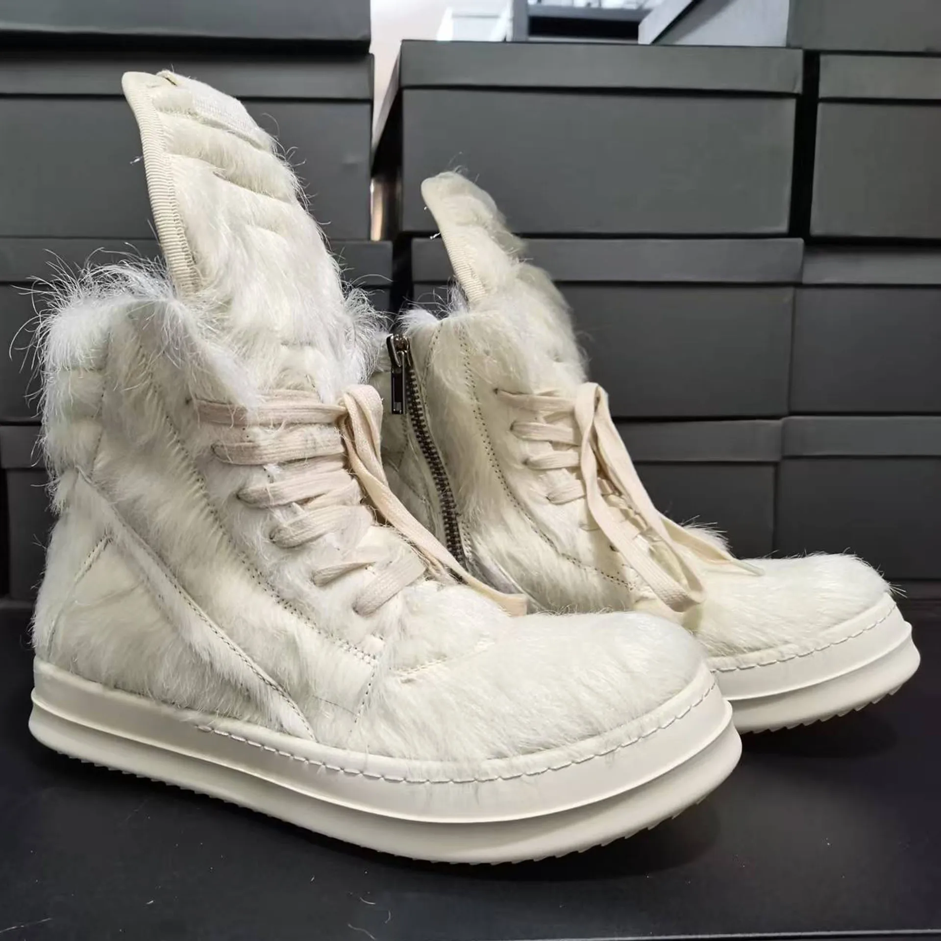 

Rs Design Zipper Ankle Boots Men's Horsehair High-tops Sneakers Women Thick Soled Quality Leather Lace-up Fashion Shoes