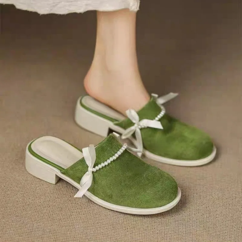 Lazy Slippers Baotou Pearl Bow Round Toe Deep Mouth Suede Slip-on Non-slip Temperament Low Heel Sandals