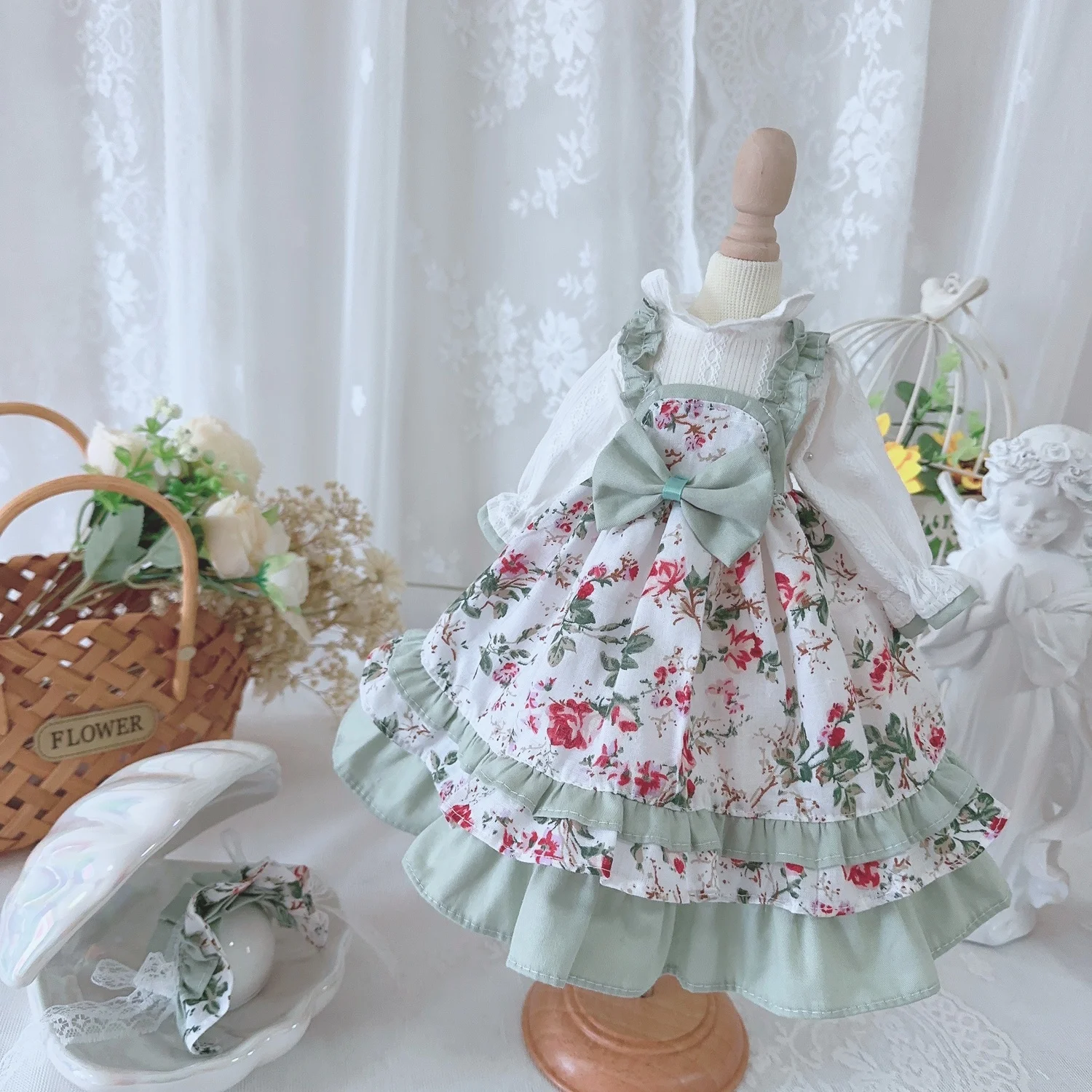 BJD Doll clothes suitable for 1/3 1/4 1/6 size  long-sleeved bow floral skirt dress doll accessories