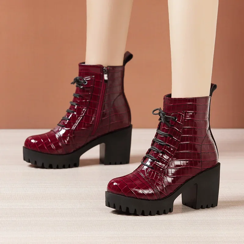 8cm Small Size 32-43 British Thick Bottom Platform Shoes Fall Winter 2024 Block High Heels Leather Short Ankle Boots for Women