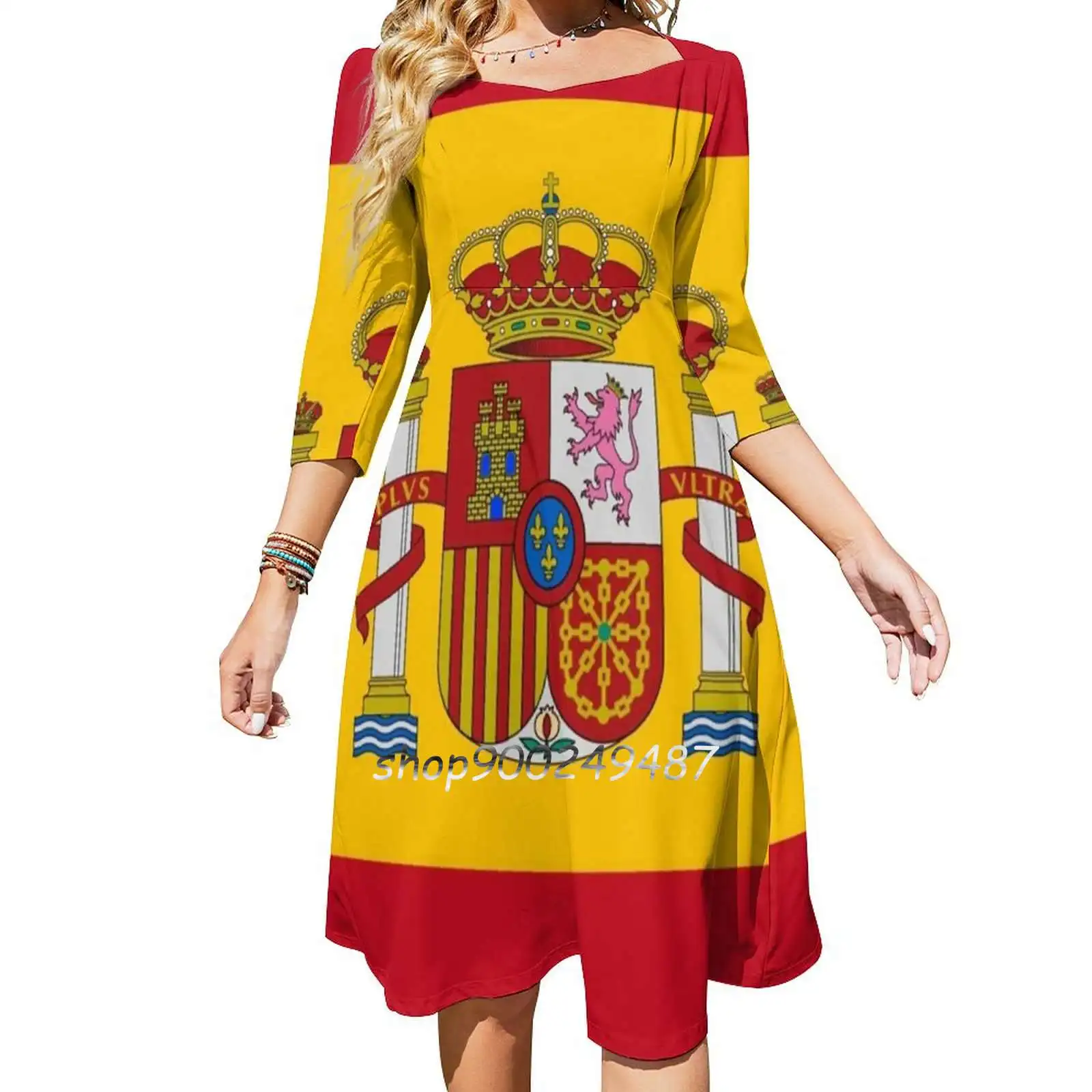 Flag Of Spain Flare Dress Square Neck Dress Elegant Female Fashion Printed Dress Flag Of Spain Spain